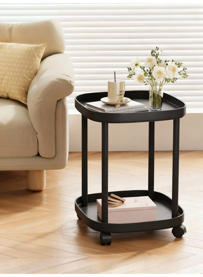 2 - Tier Moveable Nordic Style PVC Coffee Table with Wheels | Home Storage Rolling Cart Multi - functional Side End Table for Sofa/Couch Tray Desk 50x39x50cm - Image 1